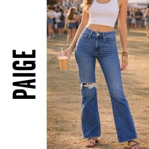 PAIGE, Leenah High Rise Wide Leg Jeans Distressed Knee Blue Denim Size‎ 25